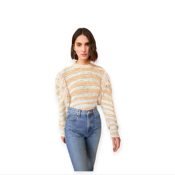 Ulla Johnson Arquette Fringed Striped Cotton-Blend Pullover Sweater in Bergamot - Picture 1 of 16